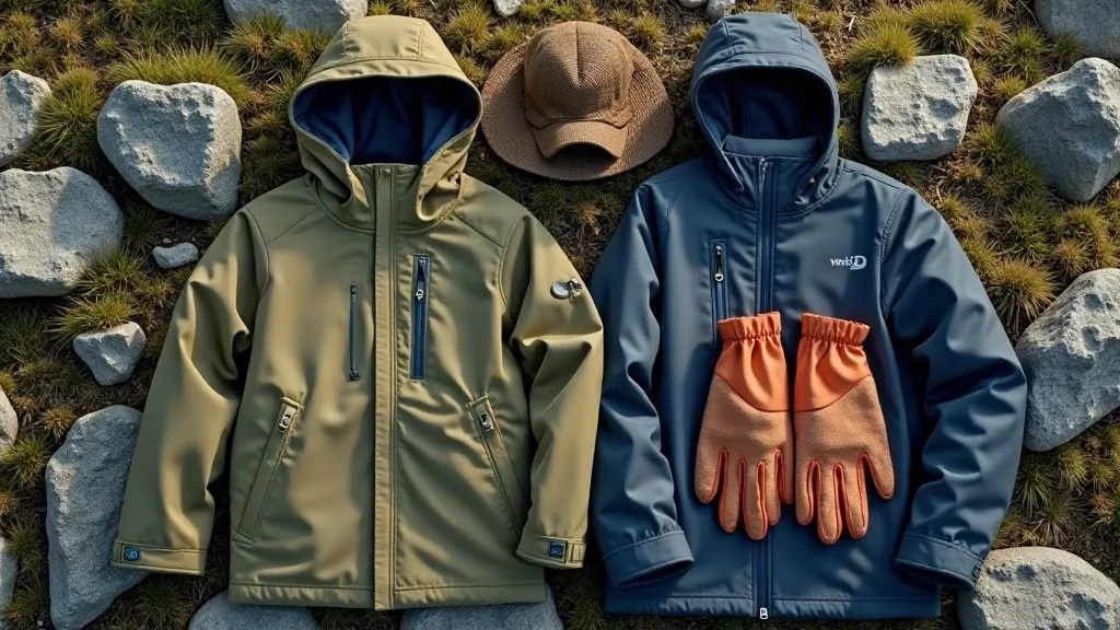 Hiking gear laid out showing proper layering system and weather protection equipment