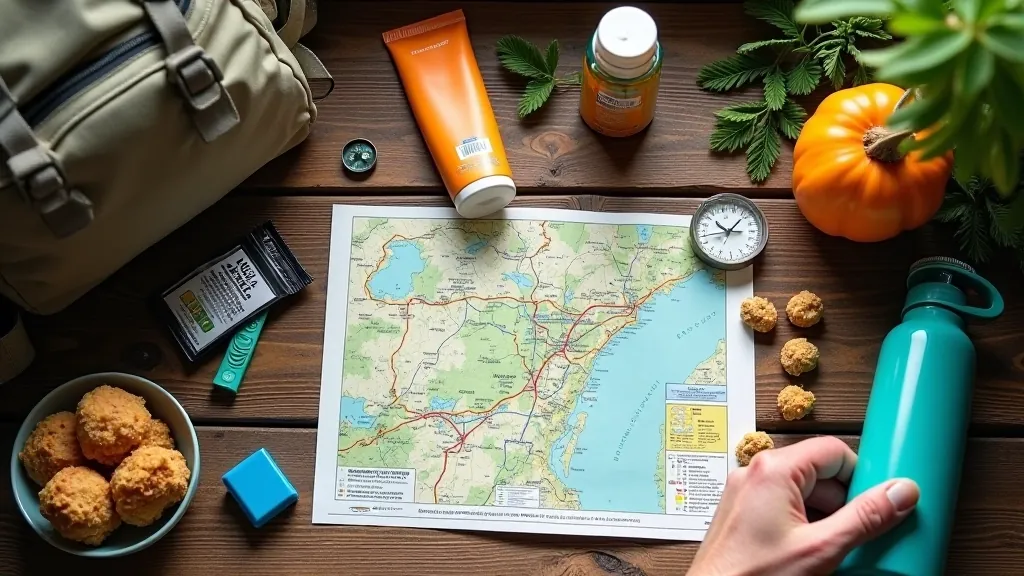 Hiking backpack laid out on wooden table with water bottle, map, sunscreen, and other outdoor gear organized neatly