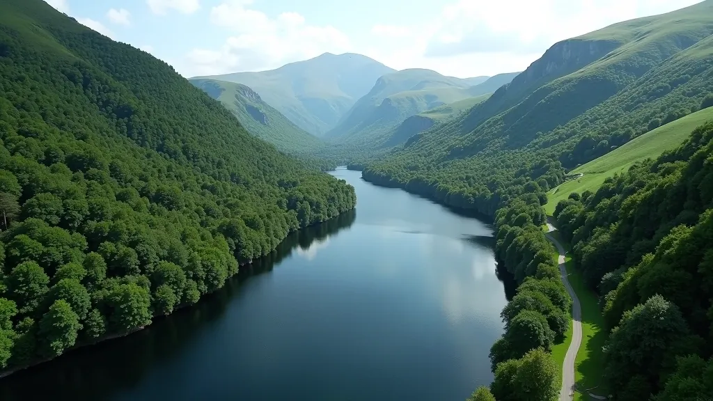 Aerial view of two connected mountain lakes with walking paths visible along both shorelines, dense green forest surrounding
