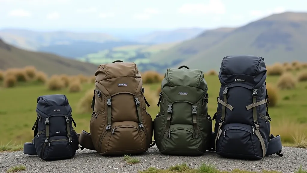 Selection of hiking backpacks in various sizes displayed against mountain landscape backdrop showing different capacity options