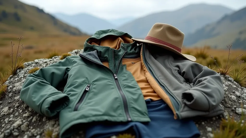 Layered hiking clothing displayed flat on outdoor surface showing waterproof jacket, fleece, base layer, and hiking hat