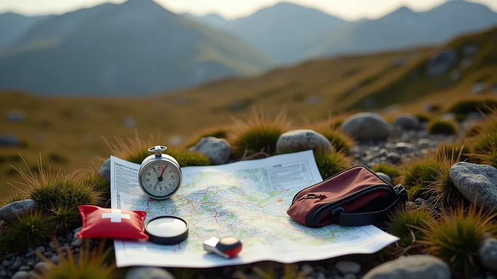 Hiking safety essentials displayed including paper map, compass, first aid kit, and whistle on outdoor terrain