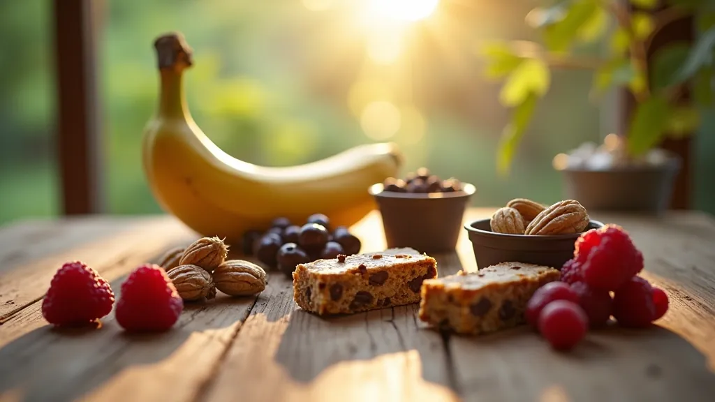Hiking snacks arranged on a wooden table including trail mix, energy bars, fresh fruit, and nuts in clear containers