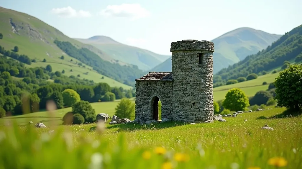 Ancient stone round tower and church ruins visible among green grass and trees in mountain valley