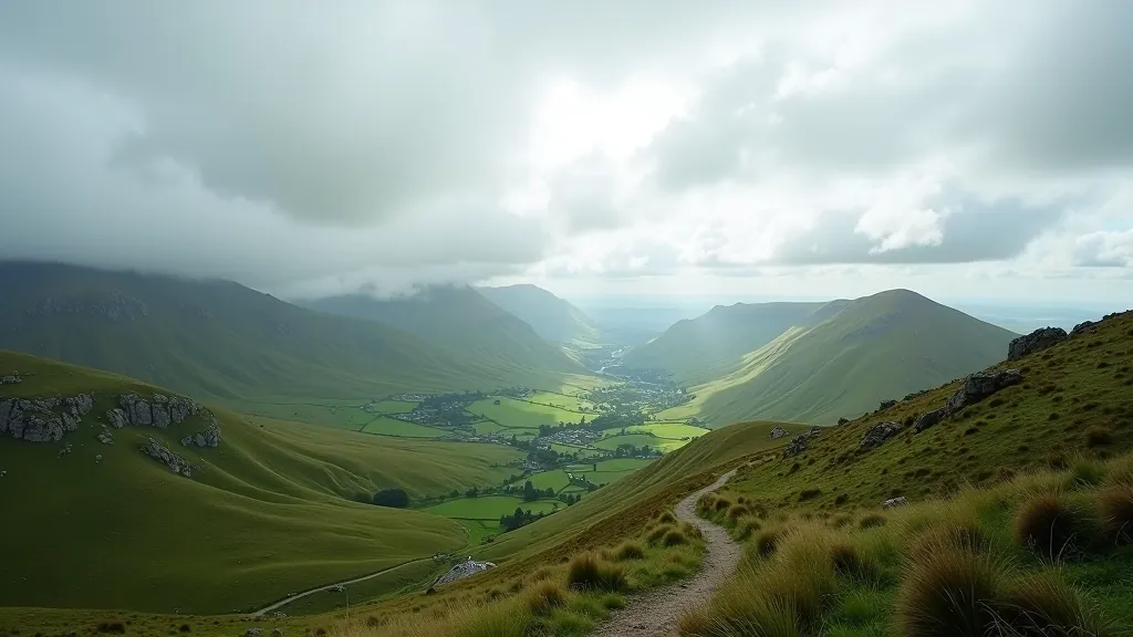 Mountain landscape showing dramatic cloudy sky with patches of blue, lush green valleys below, and hiking trail winding through terrain