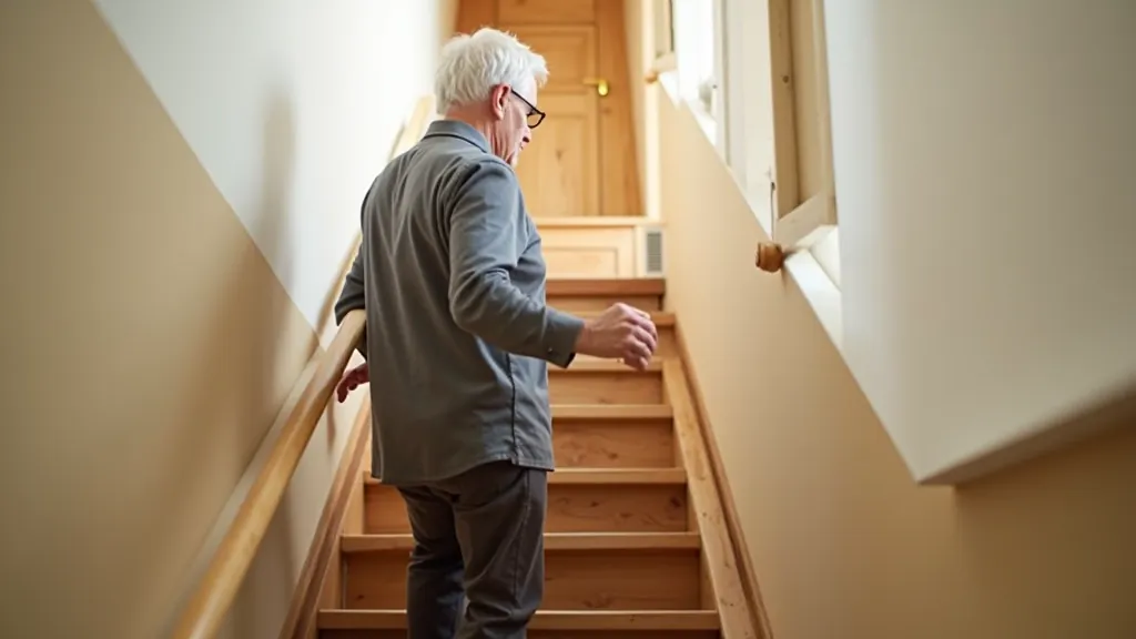 Older adult demonstrating proper stair climbing technique with correct posture and foot placement