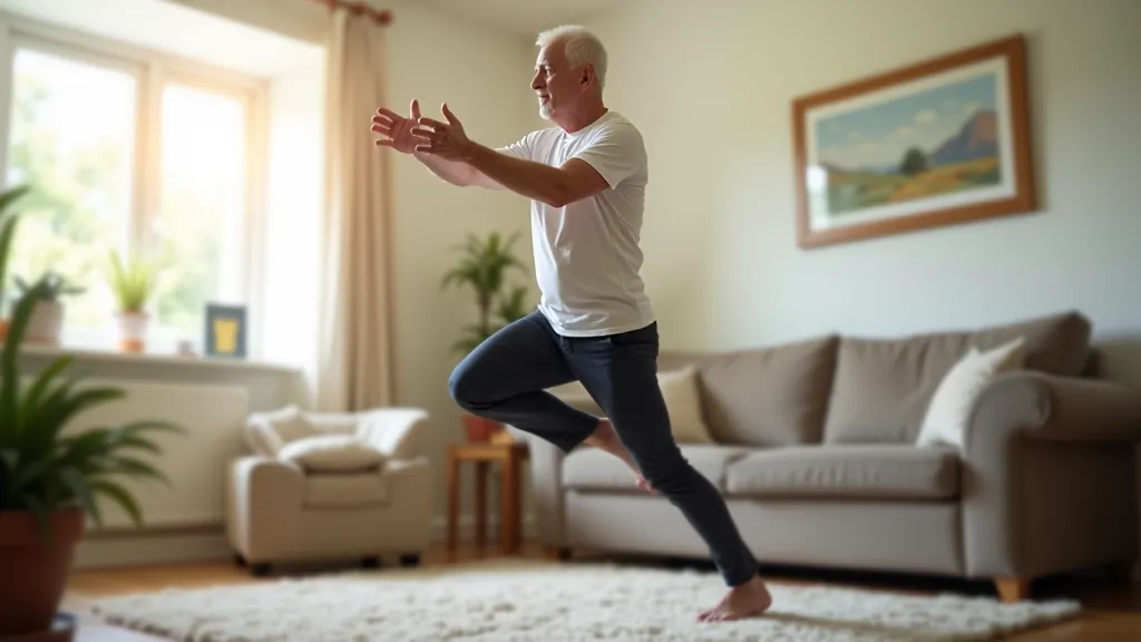 Older adult performing a simple leg exercise in a bright living room with large windows and comfortable furniture visible