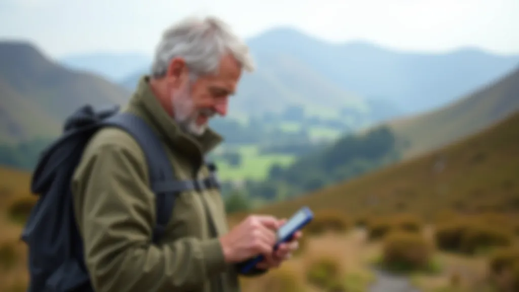 Hiker checking weather forecast on phone before setting out on mountain trail