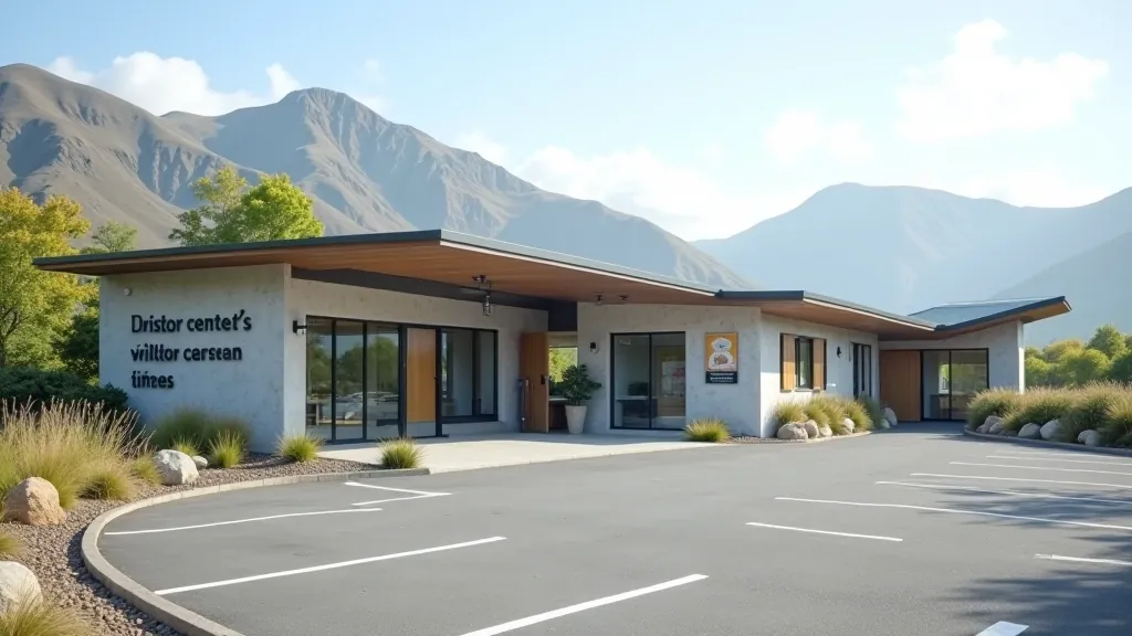 Modern visitor centre building with parking area and walking path entrance visible, mountains in background