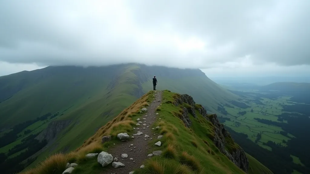 Wicklow mountain peak with visible weather patterns - clouds gathering around ridgeline, clear sky above, darker valleys below