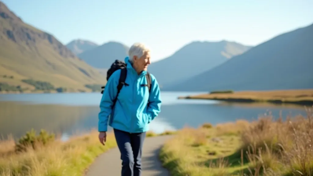 Hiker in bright jacket walking along peaceful lake path with mountain backdrop