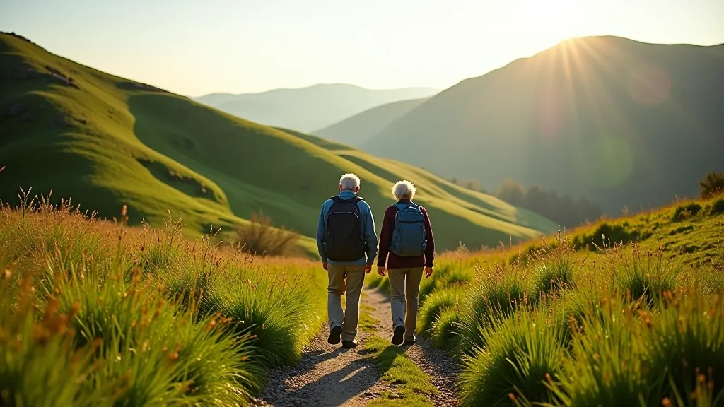Seniors enjoying a peaceful walk on a scenic mountain trail in Wicklow