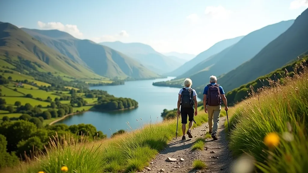 Mountain lake surrounded by green hillsides with walking path visible along the water's edge