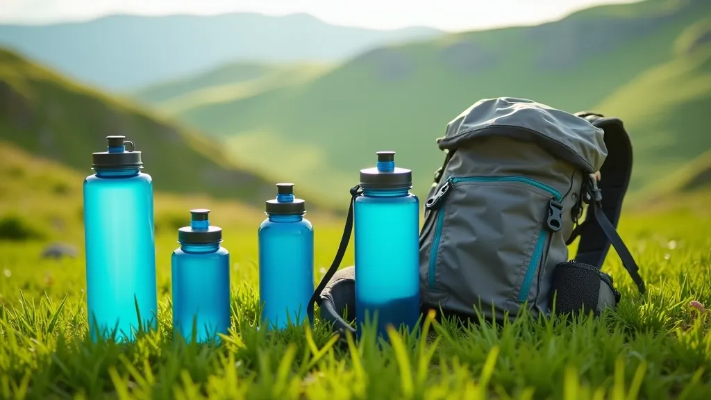 Assorted water bottles and hydration packs displayed on outdoor ground showing different capacity options