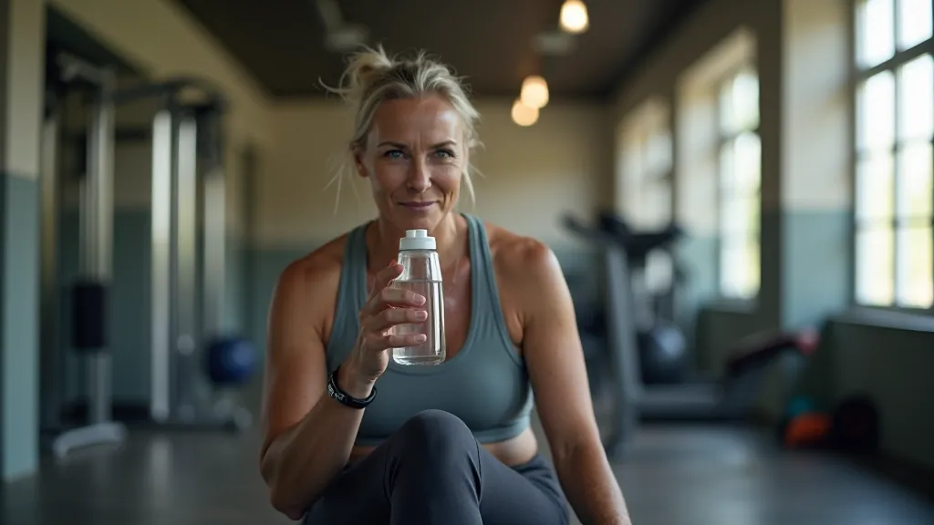 Person resting after exercise, sitting comfortably with water bottle, looking satisfied